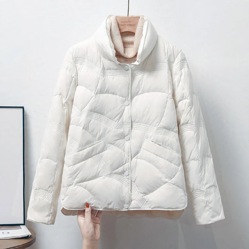 Short women's down jacket with stand-up collar