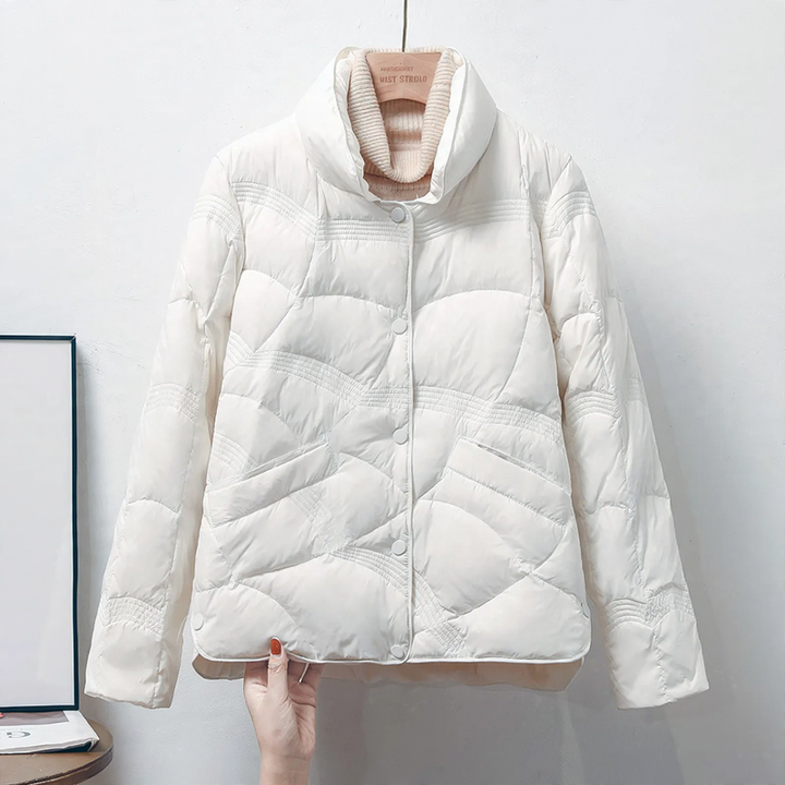 Short women's down jacket with stand-up collar
