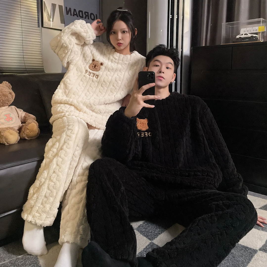 Padded flannel loungewear for couples, with zipper