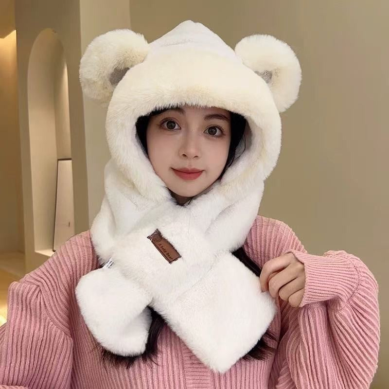 Women's plush hat with bear ears and scarf set