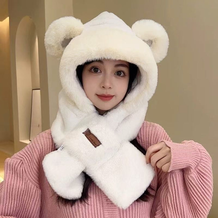 Women's plush hat with bear ears and scarf set
