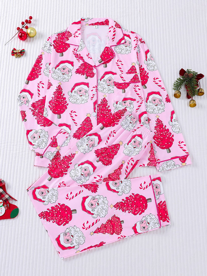 Women’s Pajama Set, Long Sleeve, Christmas Motif, Notched Collar