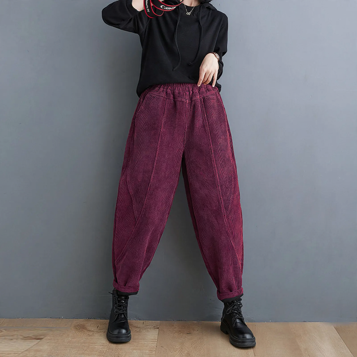 Padded corduroy carrot pants with elastic waistband