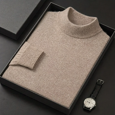 Men's wool sweater with roll neck, plain and warm