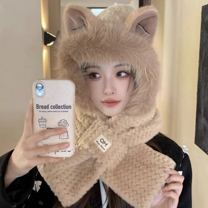 Fluffy set consisting of hat with fox ears and scarf