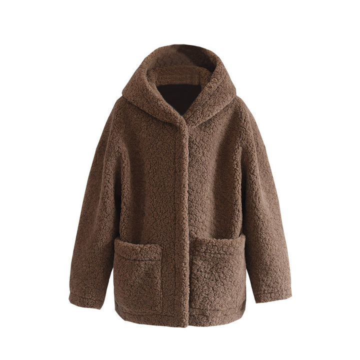 Fluffy women's hooded coat with lambskin imitation