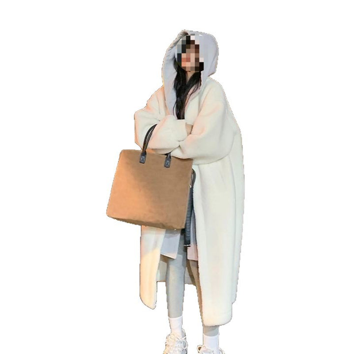 Lamb fleece hooded coat for women, long, loose fit