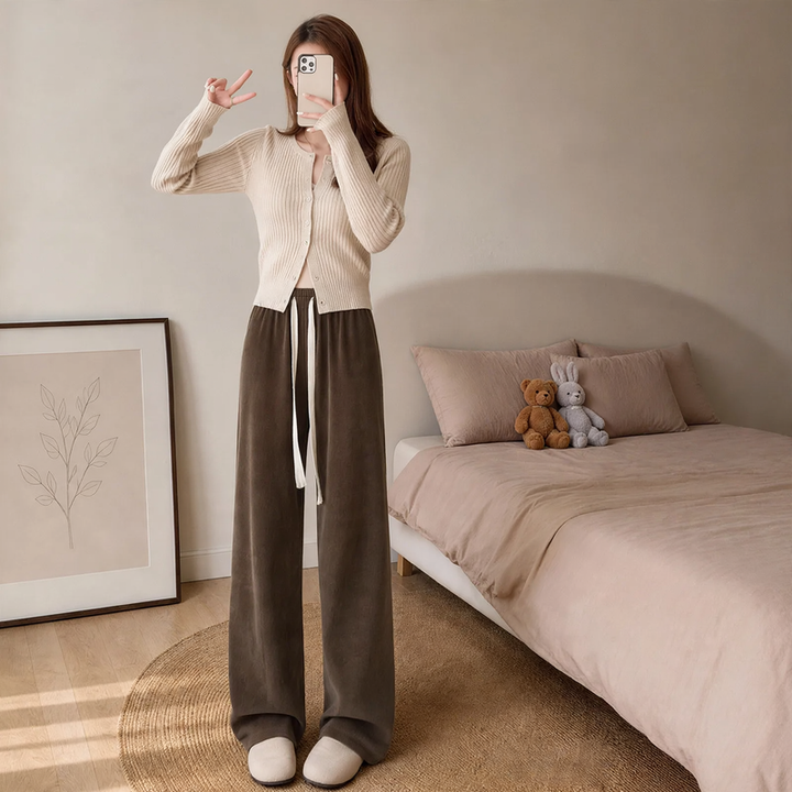 Fleece-lined corduroy knitted pants with wide legs