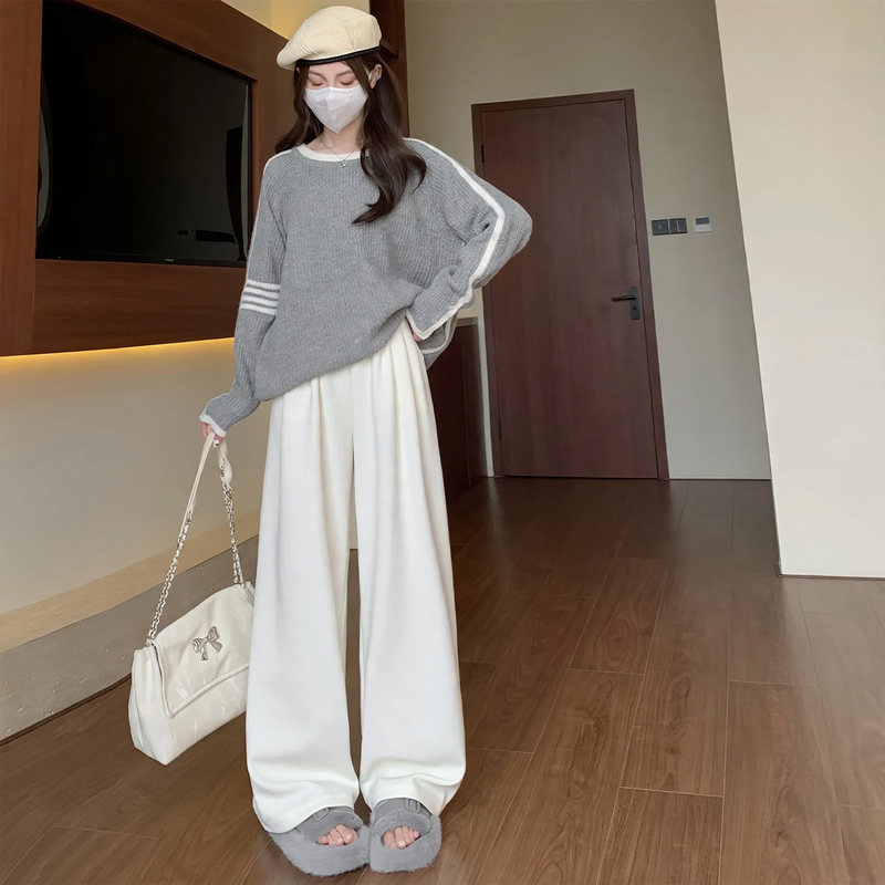 Women's corduroy pants, wide cut, high waist, knitted