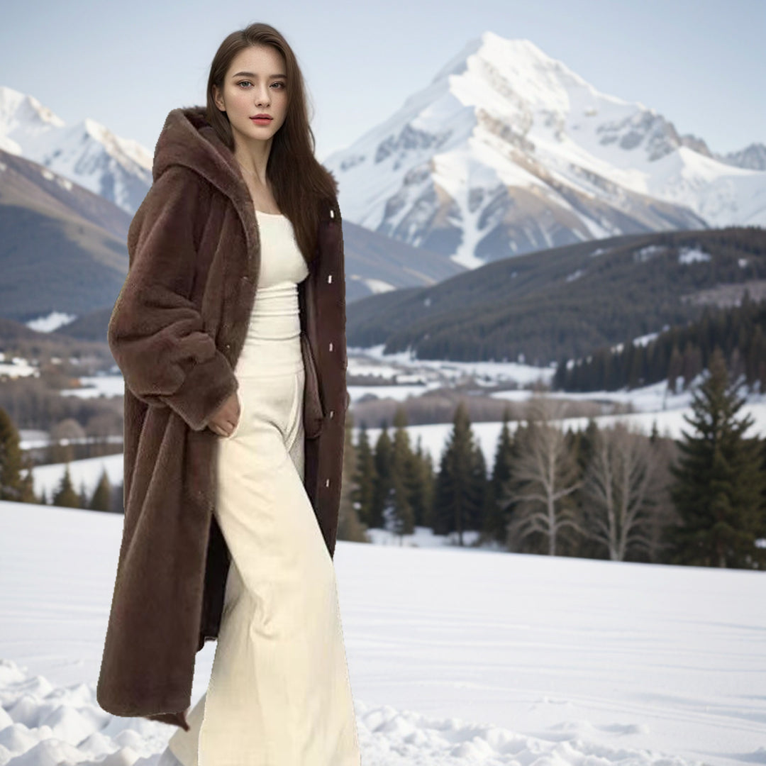 Mid-length coat in mink fur look with hood