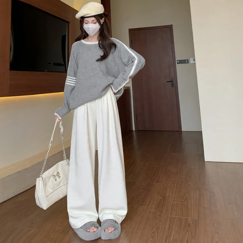 Women's corduroy pants, wide cut, high waist, knitted