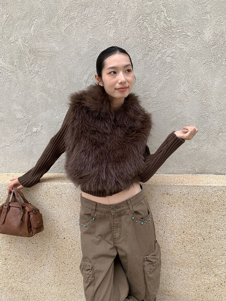 Cardigan with faux fur trim and lapel collar