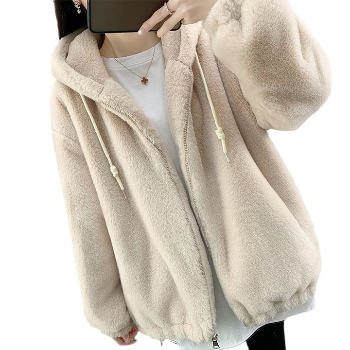 Women's plush coat, mid-length, with hood and soft look