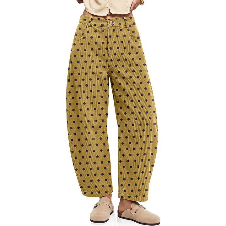 Cord pants with elastic waistband and polka dot pattern