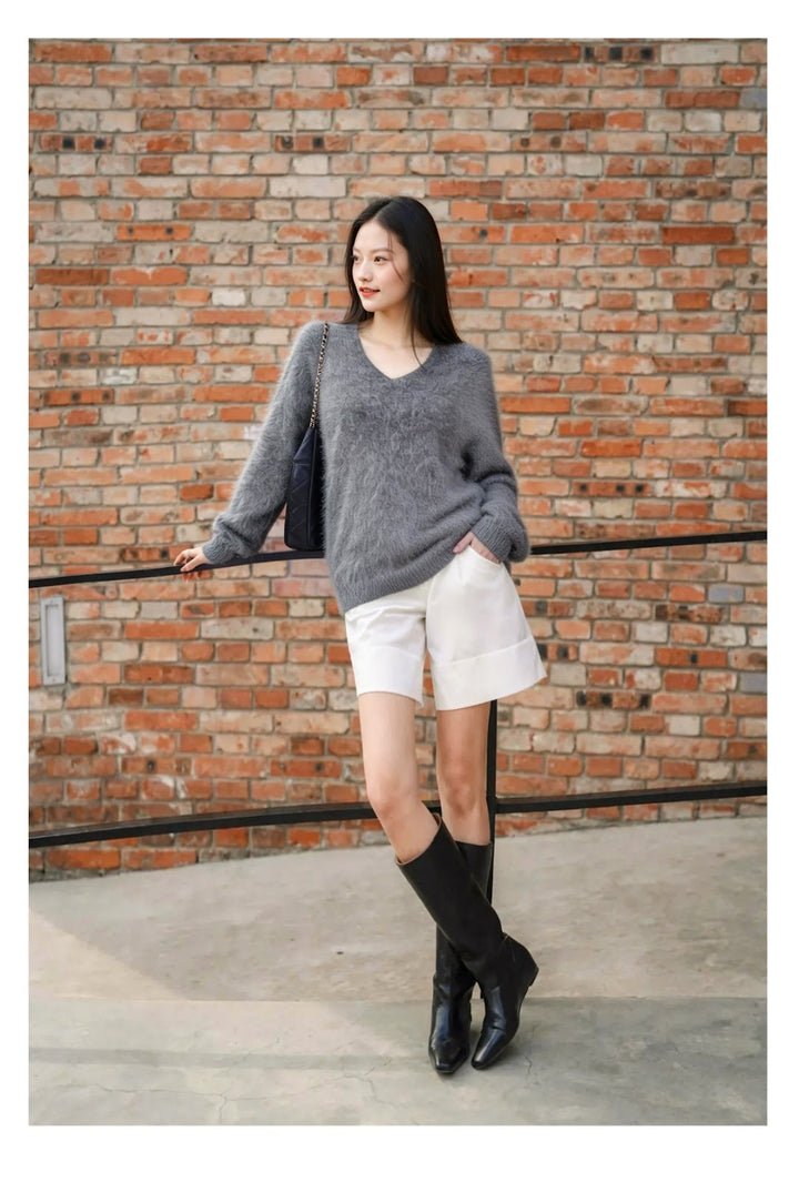 Women's knit sweater made of wool blend with V-neck