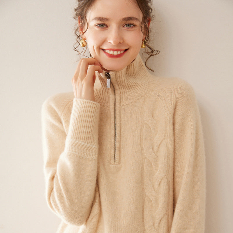 Women's cashmere sweater with stand-up collar and zipper