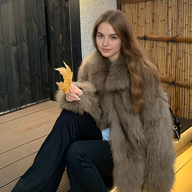 Ladies' medium-length faux fur coat