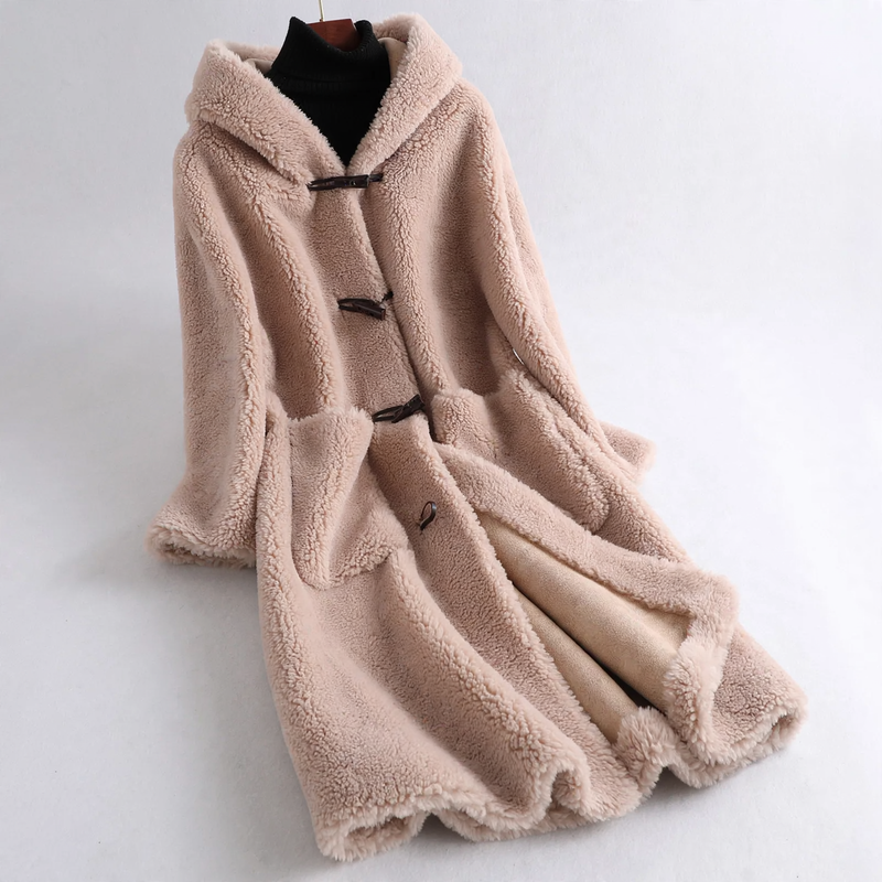 Women's sheepskin coat with hood, mid-length