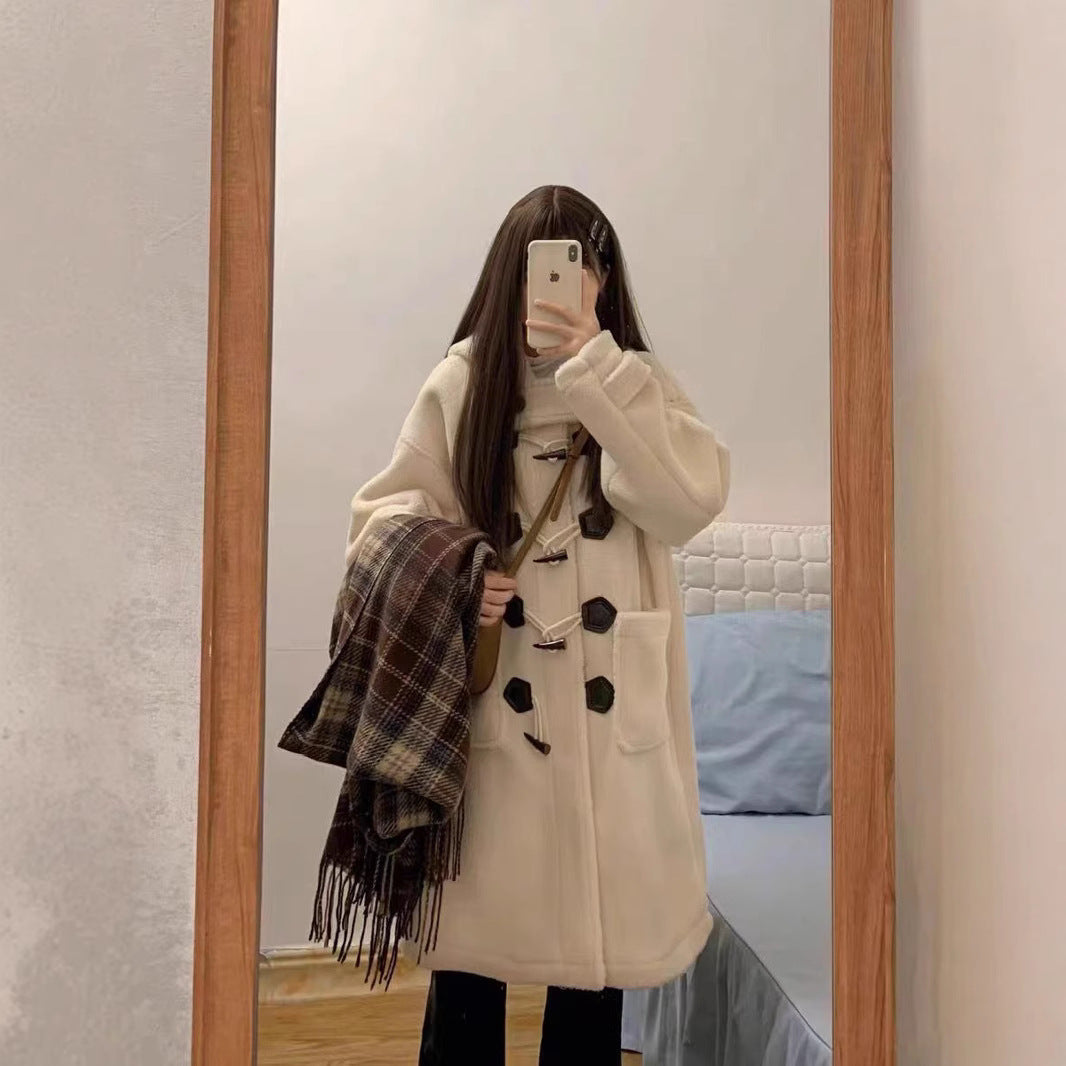 Ladies coat with lambskin imitation and toggle buttons