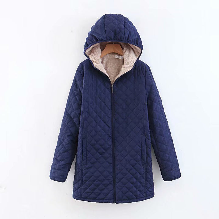 Women's quilted coat with hood and lambskin look