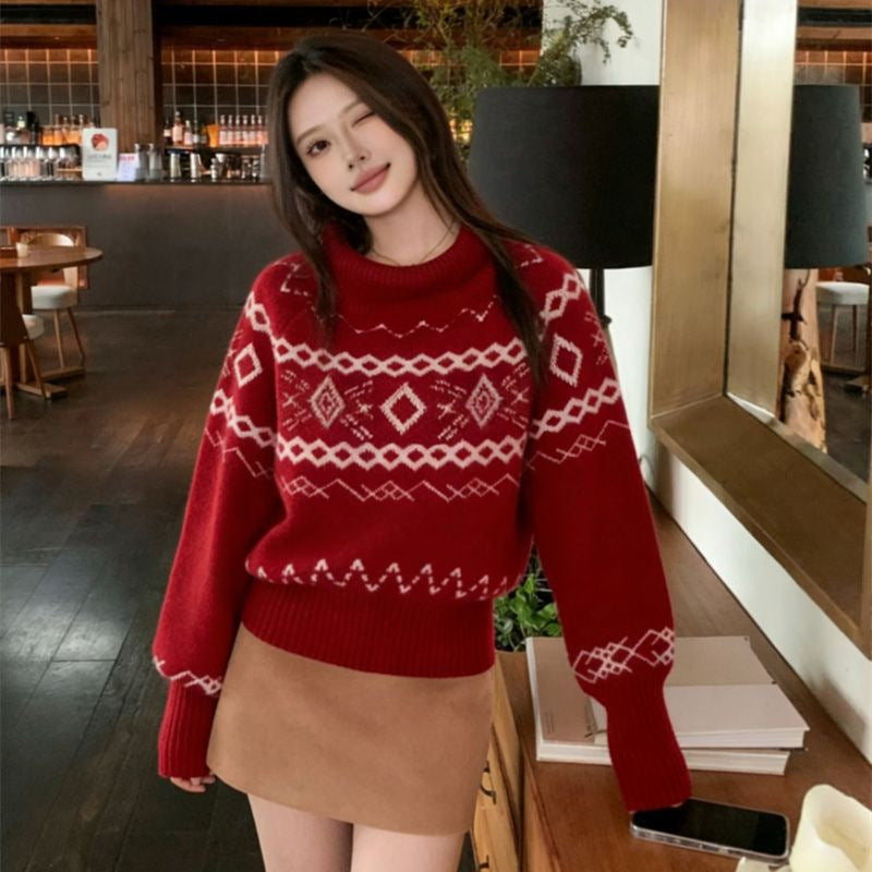Roter Fair Isle knitted sweater with roll collar