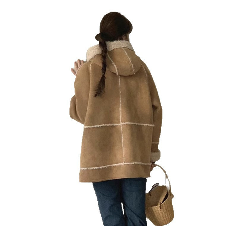 Women's faux lamb fur hooded jacket, casual