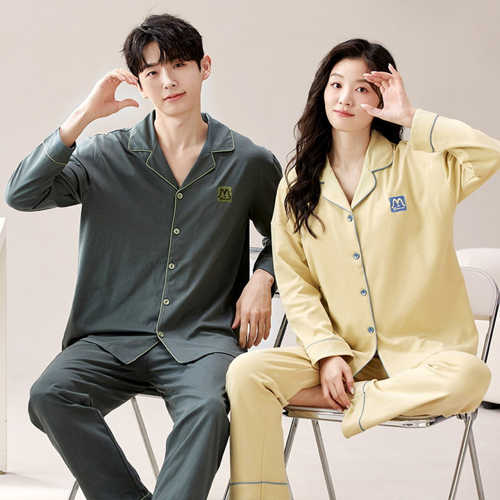 Pair-Pajama-Set, Cotton, Long Sleeve, with Button Placket