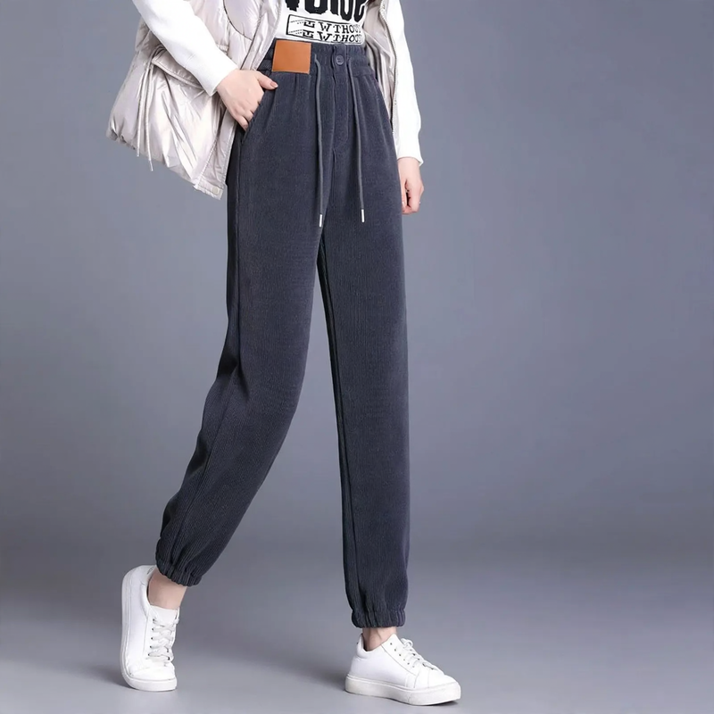 Padded corduroy harem pants with a high waistband
