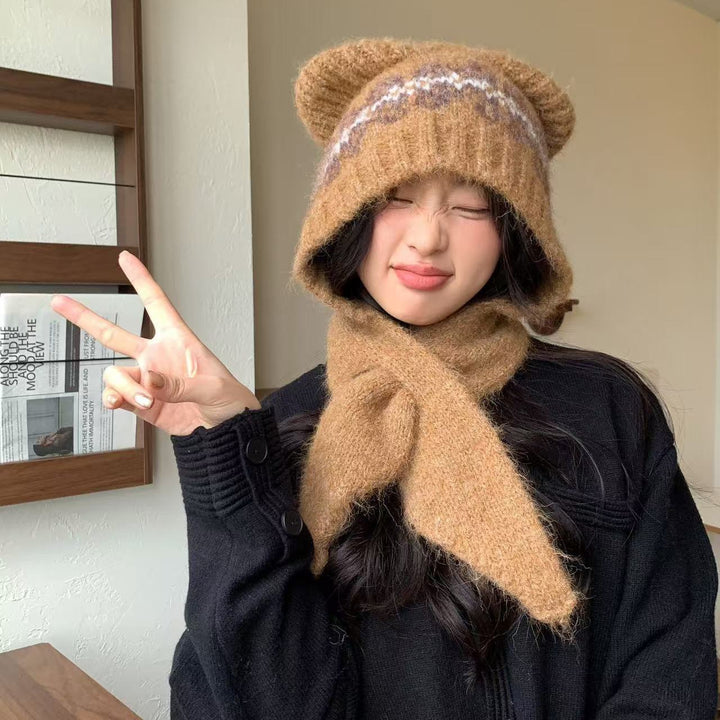 Knit cap with scarf, bear design, women, winter