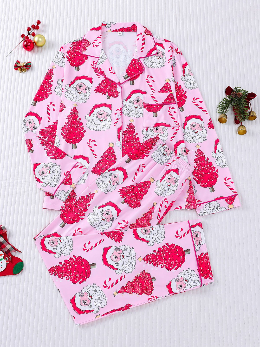 Women's Pajama Set, striped, Christmas tree print, notched collar