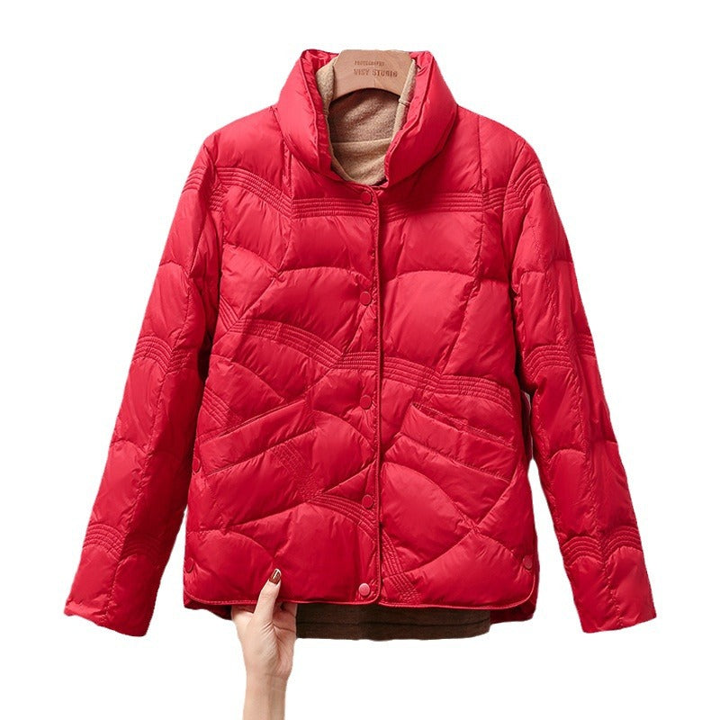 Short women's down jacket with stand-up collar