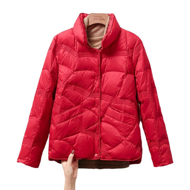 Short women's down jacket with stand-up collar