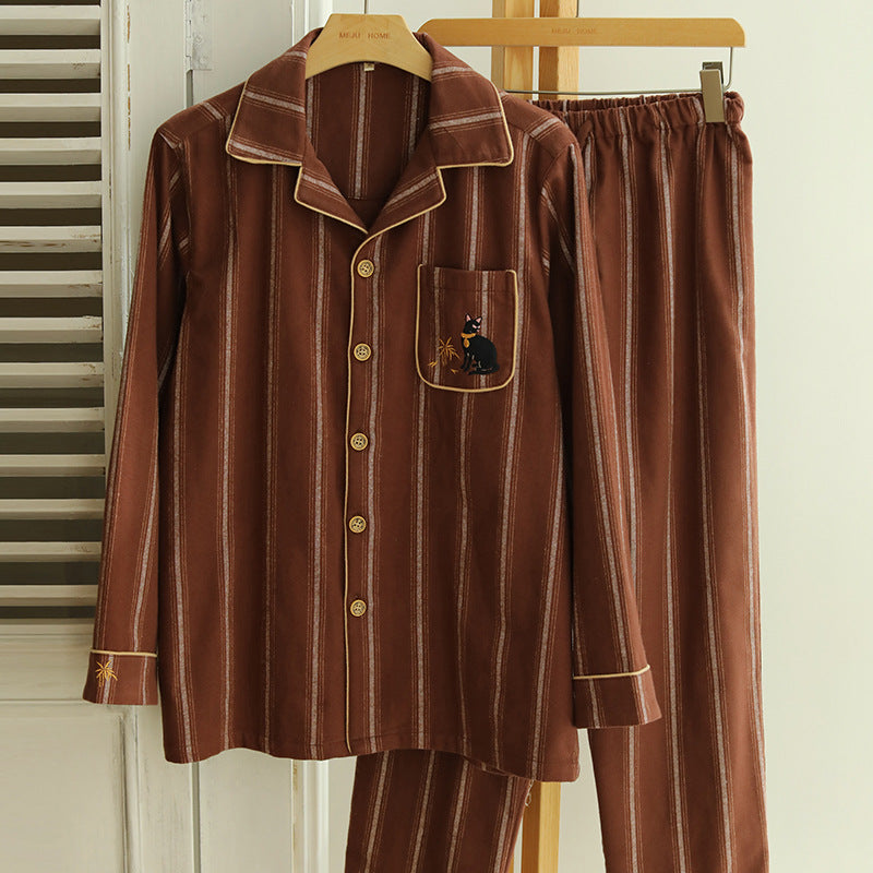 Cotton pajama set for couples, striped, embroidered