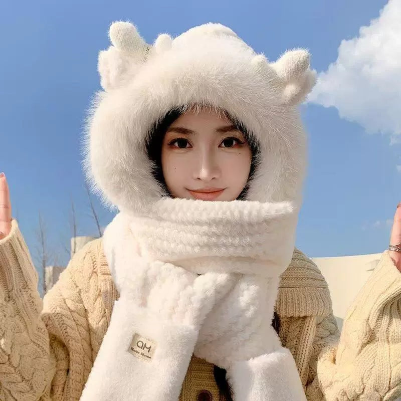 Women's Winter Set: Plush Hooded Hat with Scarf and Gloves