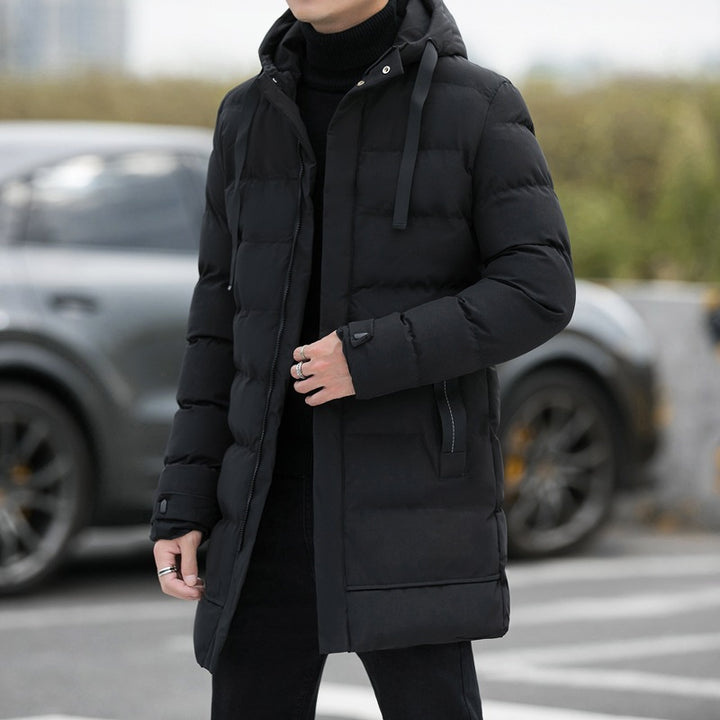 Men's winter coat, mid-length, with hood and down filling