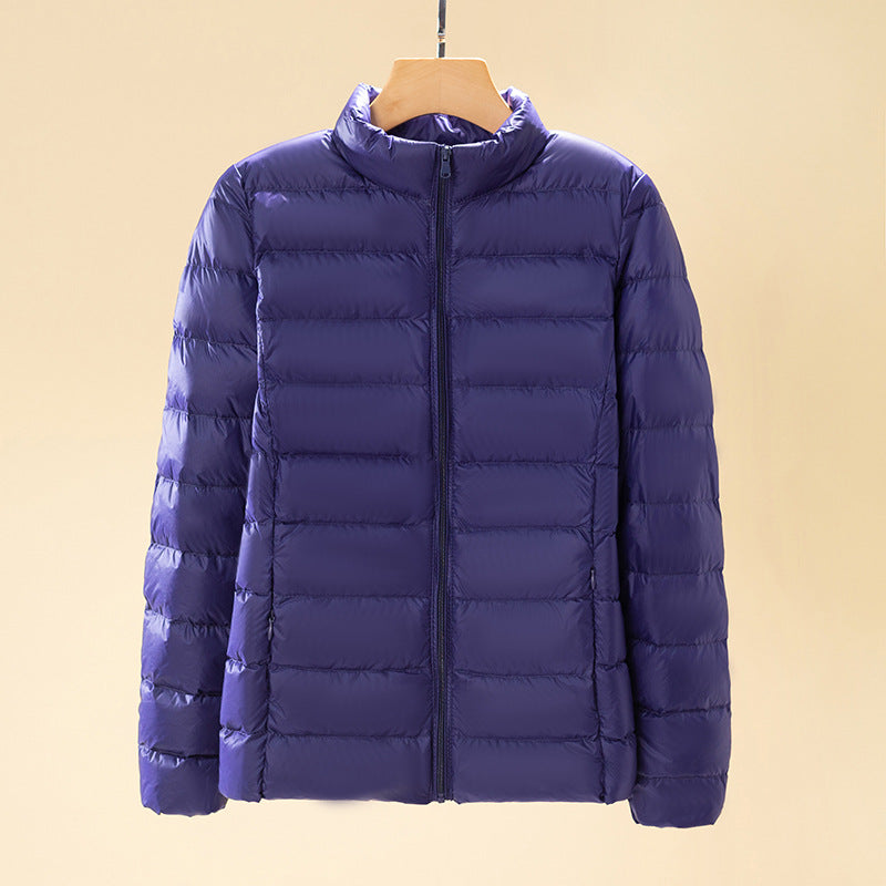 Short women's down jacket with stand-up collar