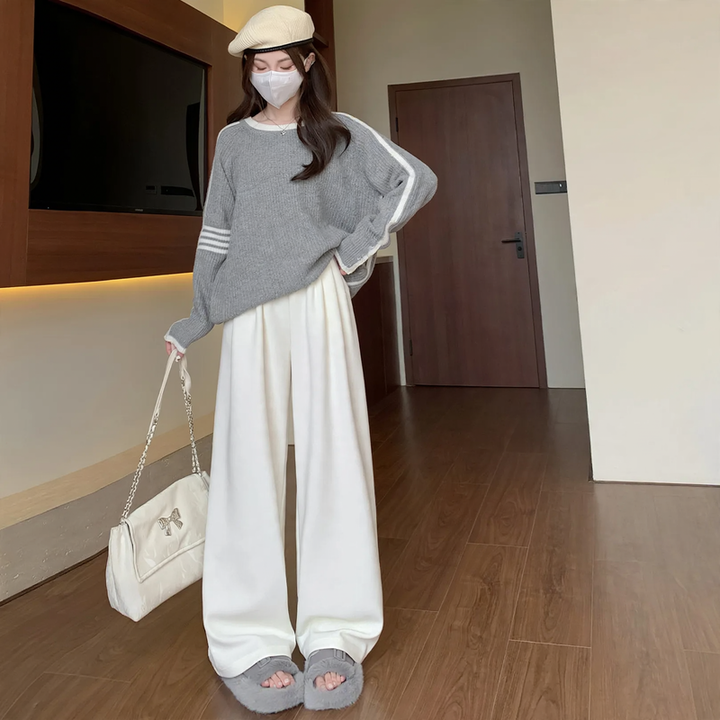 Women's corduroy pants, wide cut, high waist, knitted