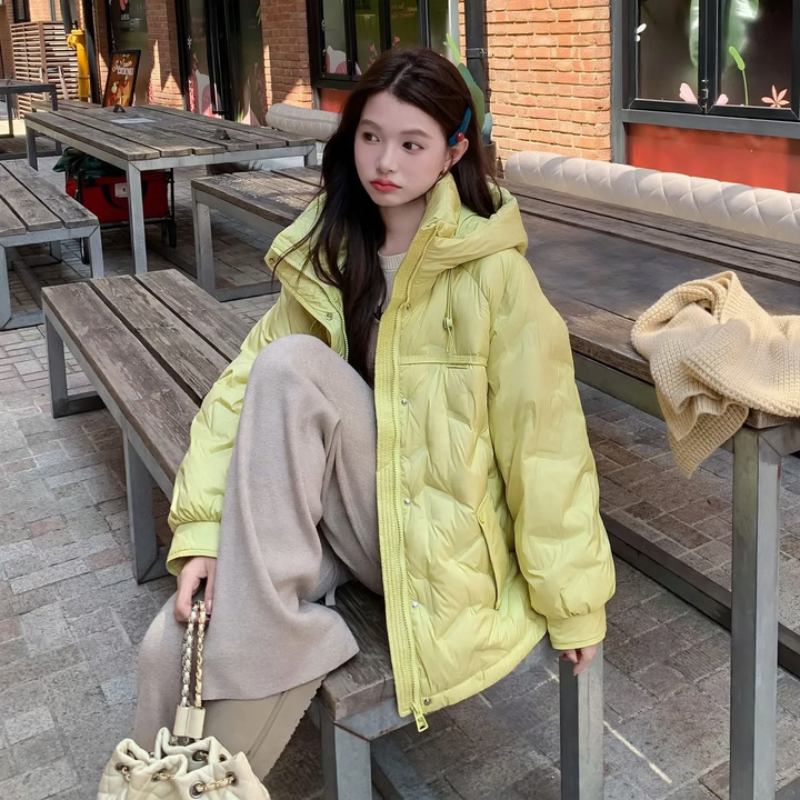 Down jacket with hood, mid-length, for women