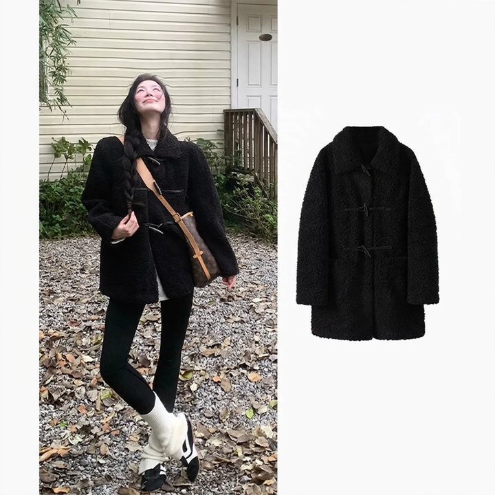Black coat made of lambskin imitation with toggle buttons