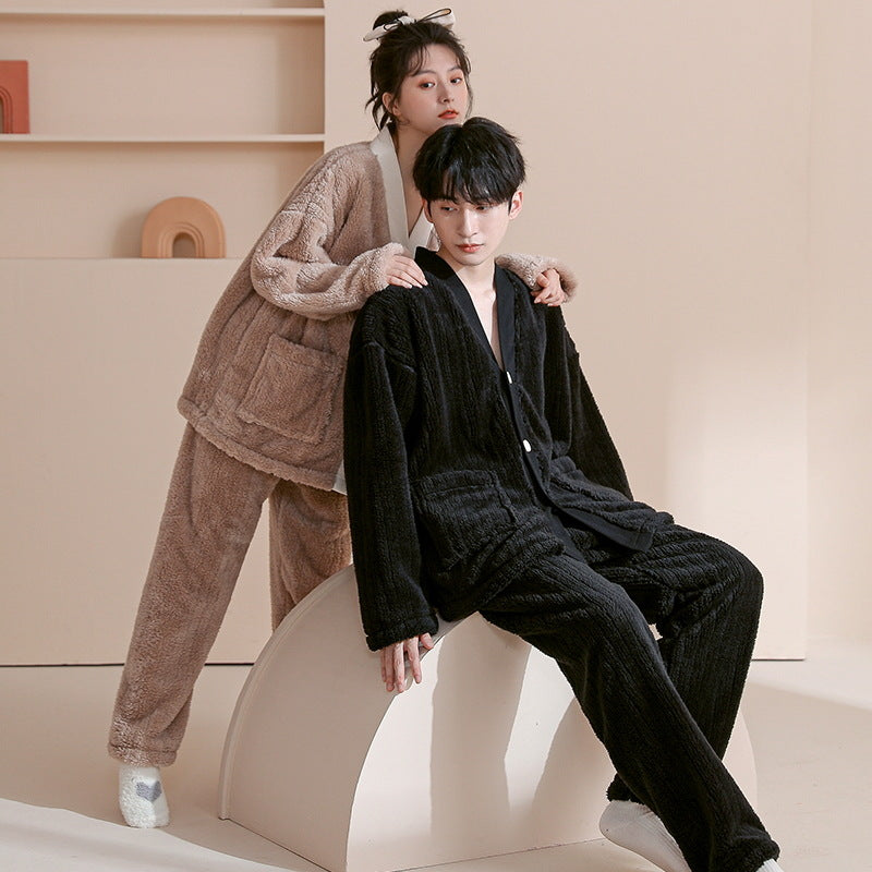 Pair-house suit made of coral fleece, V-neck, long sleeve