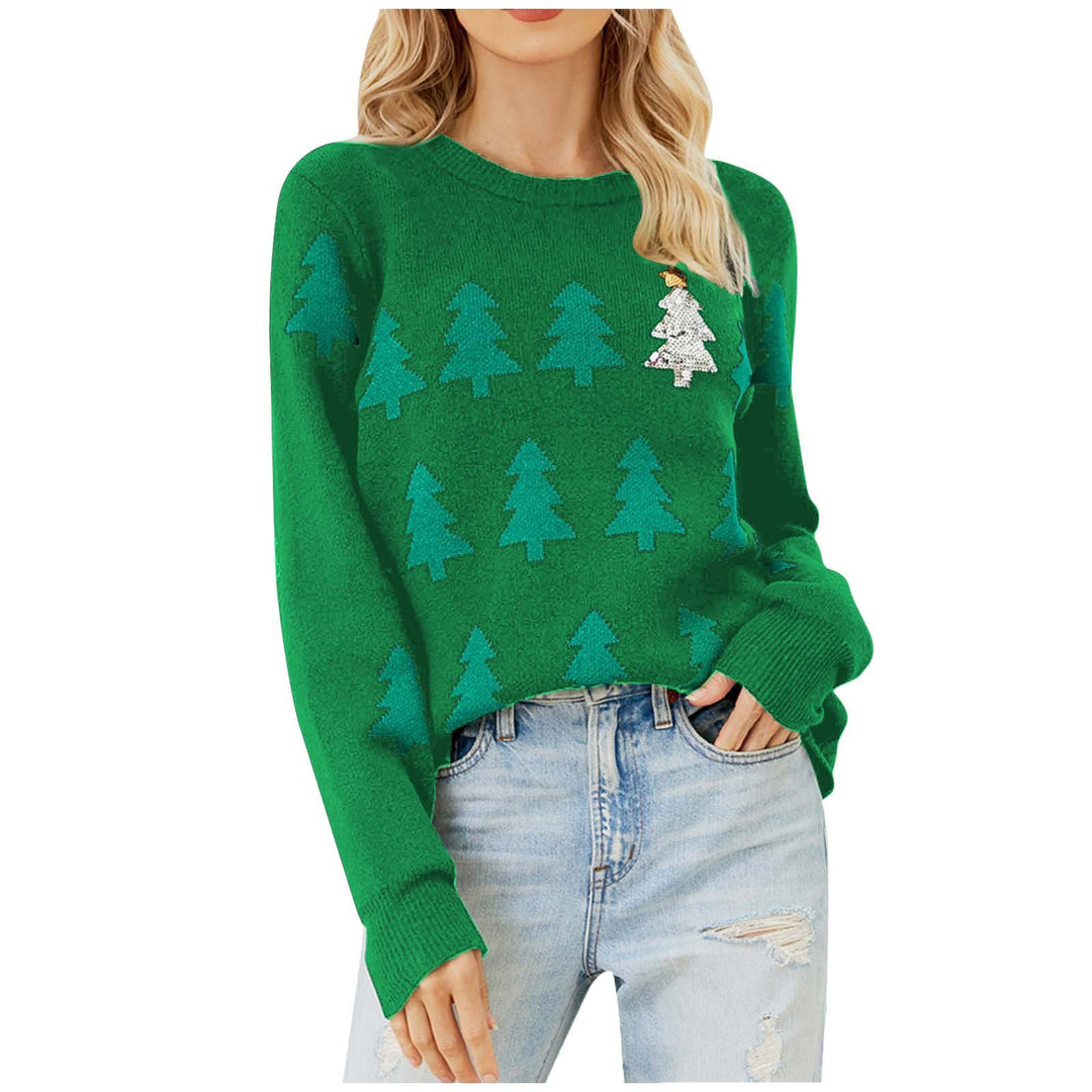 Festive knitted sweater with Christmas tree embroidery