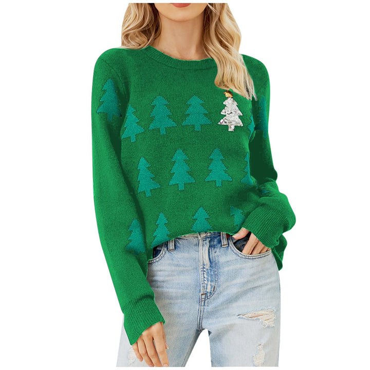 Festive knitted sweater with Christmas tree embroidery