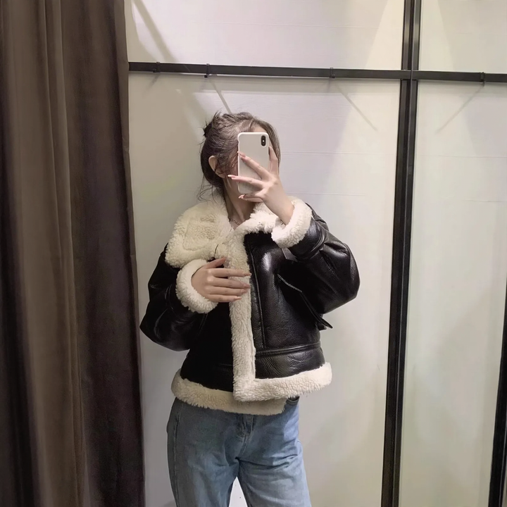 Padded faux leather jacket with lambskin look and lacing