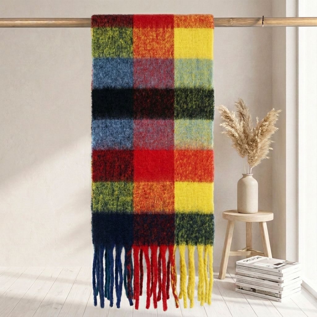 Checkered scarf in mohair look, warm for autumn and winter