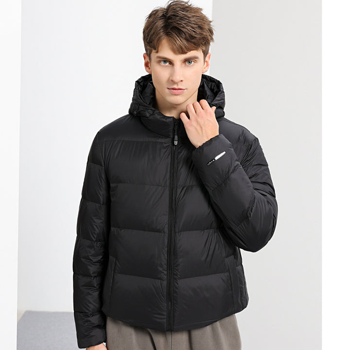 Warm men's down jacket with hood