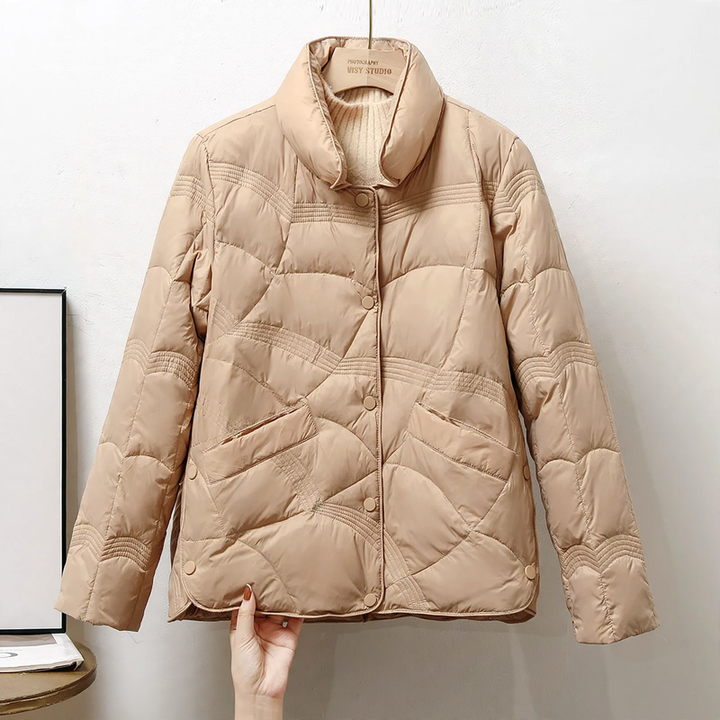 Short women's down jacket with stand-up collar