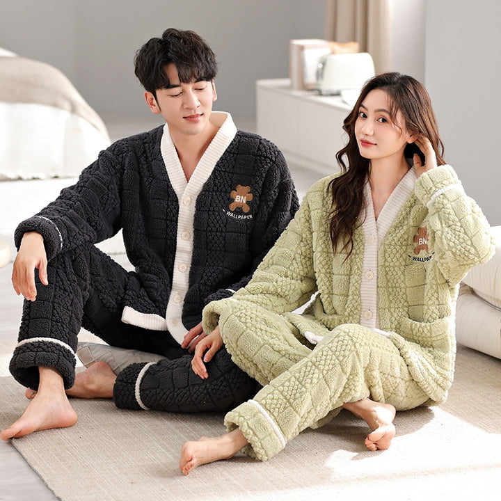 Pair-house suit made of coral fleece, V-neck, long sleeve