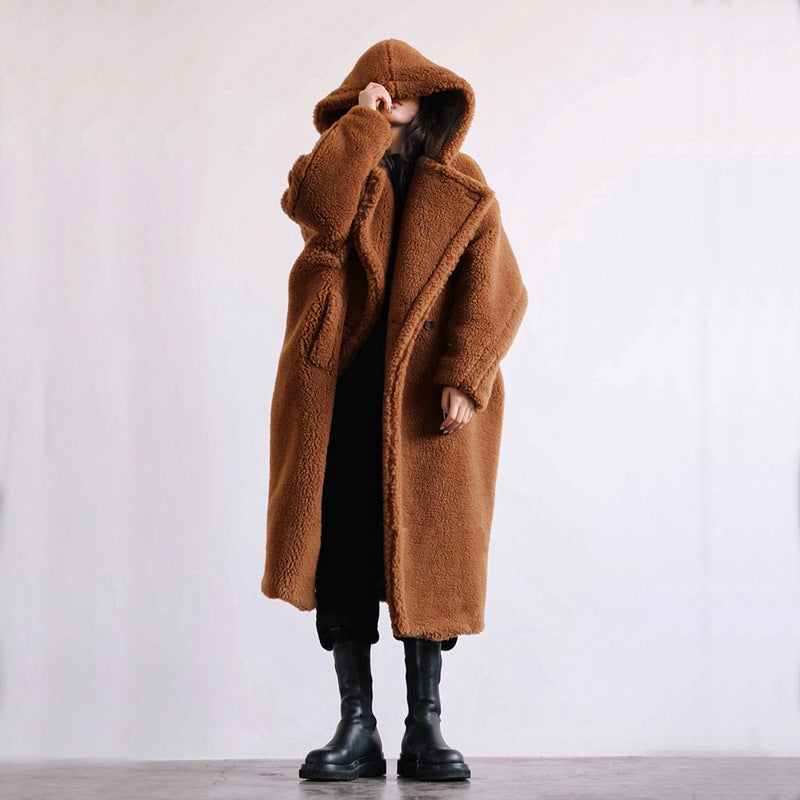 Women’s faux fur coat, mid-length, with hood and lambskin look