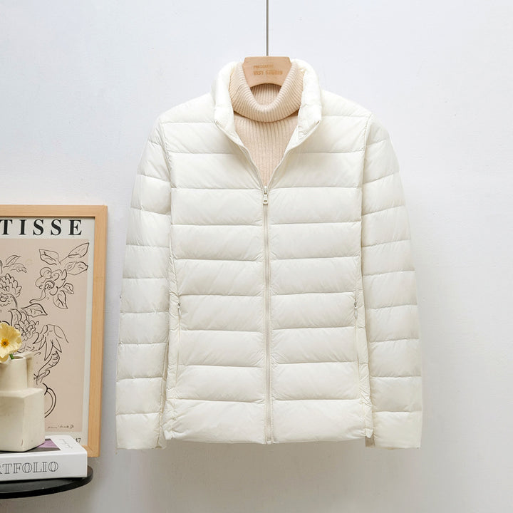 Women’s down jacket, lightweight, stand collar, short