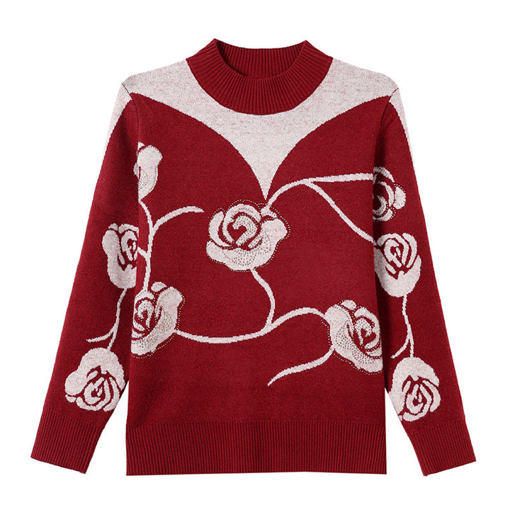 Women's knit sweater with stand-up collar and floral pattern